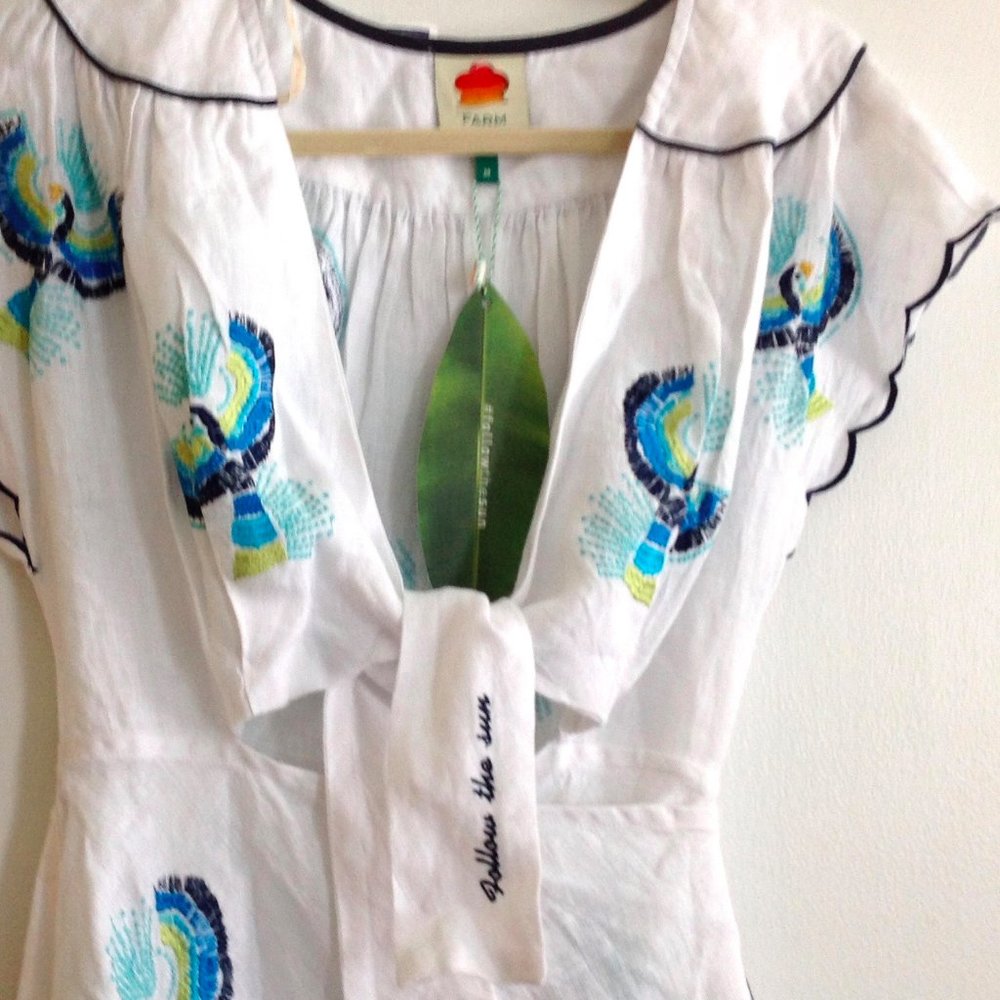Farm Rio Macaw Embroidered Tie Front Cutout Dress - Picture 7 of 14